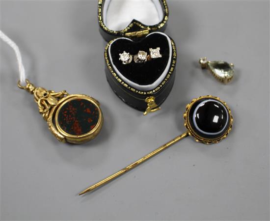 Three assorted diamond set ear studs, a pinchbeck and chalcedony fob, stick pin and a pendant(a.f.).